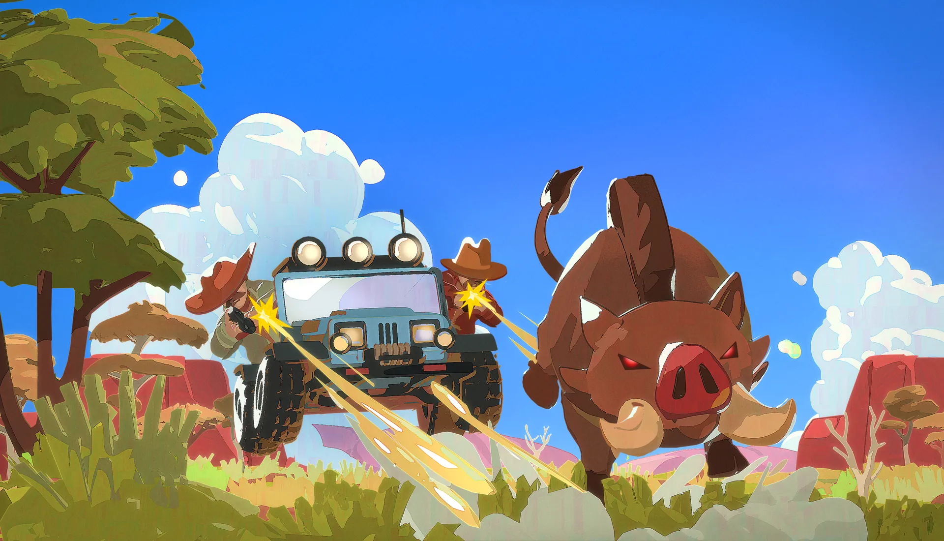Whole Hog key art: two hunters in a jeep open fire on a giant charging hog.
